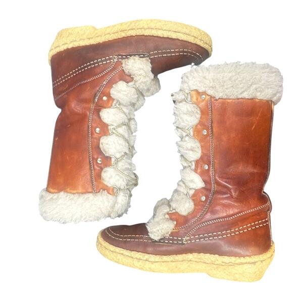 VTG Cabelas Boots 8 Leather Shearling Lace-Up Chunky 70s Distressed Boho Hippy - Picture 5 of 16